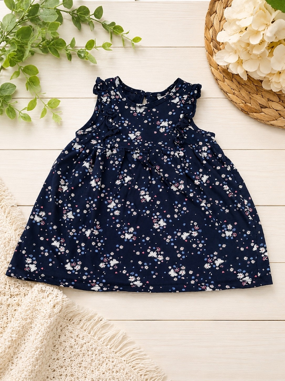 🌸 H&M Baby Girl Navy Floral Ruffle Dress – Size 6–9 Months